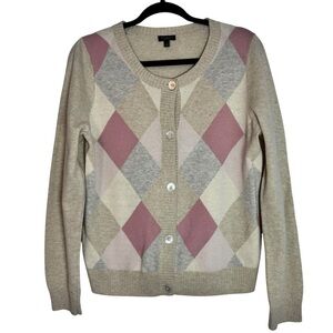 Talbots Pink and Gray Lambswool Blend Argyle Large Cardigan